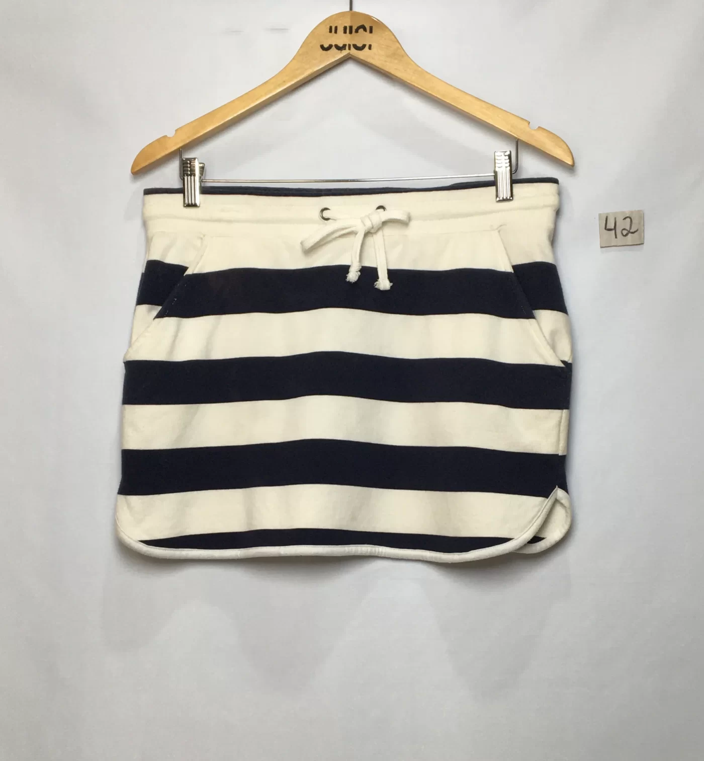 SAIA MINI ALGODÃO LISTRA BRANCA E AZUL COM CORDÃO, BOLSO