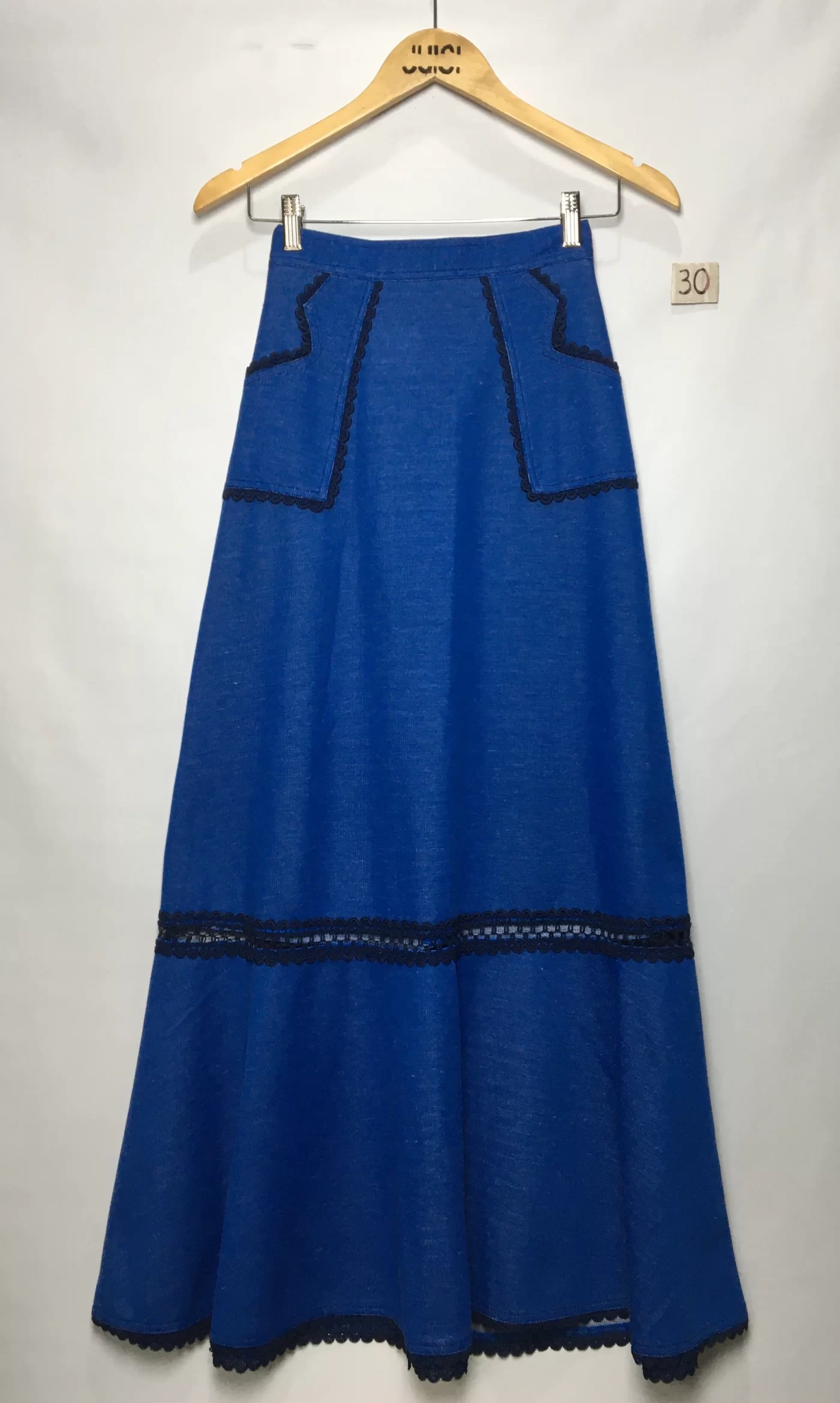 SAIA LONGA AZUL ROYAL LÃ BOLSO SIANINHA PRETA BARRA VAZADA